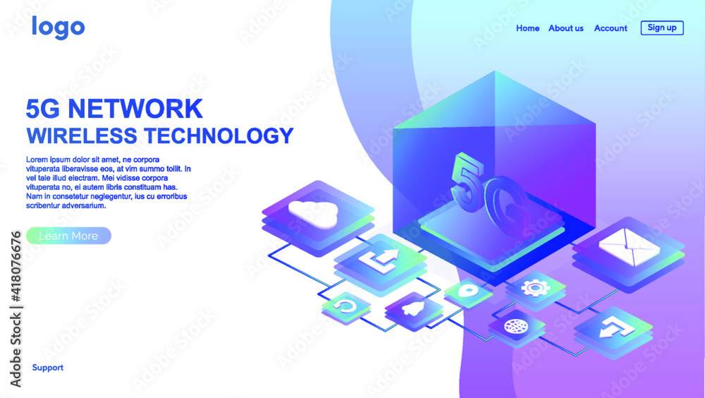 Poster 5g network wireless technology illustration. mobile internet of next generation. web page design tem