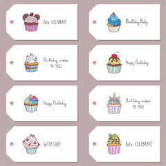 Set of cupcake toppers. Set of cupcake toppers for party with hand drawn illustration of cupcakes decorated with cream, donut, cherry, hearts, unicorn horn ets. Vector 10 EPS.