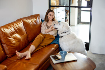Pretty woman sitting on the brown sofa with a white dog at home. Lifestyle and home coziness concept. 