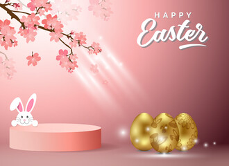 3d background for happy easter. Background with platform and eggs. Podium stand to show cosmetic product - 418078098
