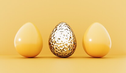 Abstract 3D render, Happy Easter greeting card, template with painted eggs. Holiday trend greeting card with copy space. Simple, minimalistic concept illustration for holiday events.