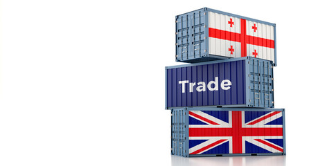 Fototapeta na wymiar Freight containers with Georgia and United Kingdom flag. 3D Rendering 