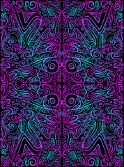 Vintage psychedelic tryppi colorful fractal pattern. Gradient neon violet blue outline, black color background.