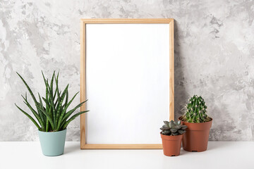Wooden vertical frame with white blank card, and green houseplants flowers in pot on table on gray concrete wall background. Mockup Template for your design, text