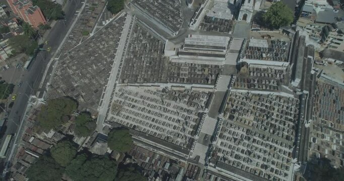Aerial tilting down over the gravestones of the Catumbi Cemetery, Sao Francisco de Paula Cemetery in central Catumbi neighbourhood of Rio de Janeiro Brazil