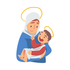 Mary Holding Baby Jesus with Her Arm as Narrative from Bible Vector Illustration