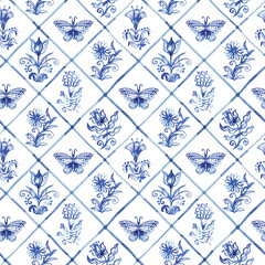 Blue seamless background - old fashion hand-drawn rustic motifs in Dutch style. Stylized flowers and butterflies on a background in cells. Pattern for wallpaper, fabric, packaging