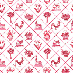Simple seamless background - old fashion hand-drawn rustic motifs in Dutch style. House, an apple tree, tulips in a vase, apples in a basket, a rooster. Pattern for wallpaper, fabric, packaging