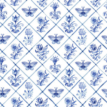 Blue seamless background - old fashion hand-drawn rustic motifs in Dutch style. Stylized flowers and butterflies on a background in cells. Pattern for wallpaper, fabric, packaging