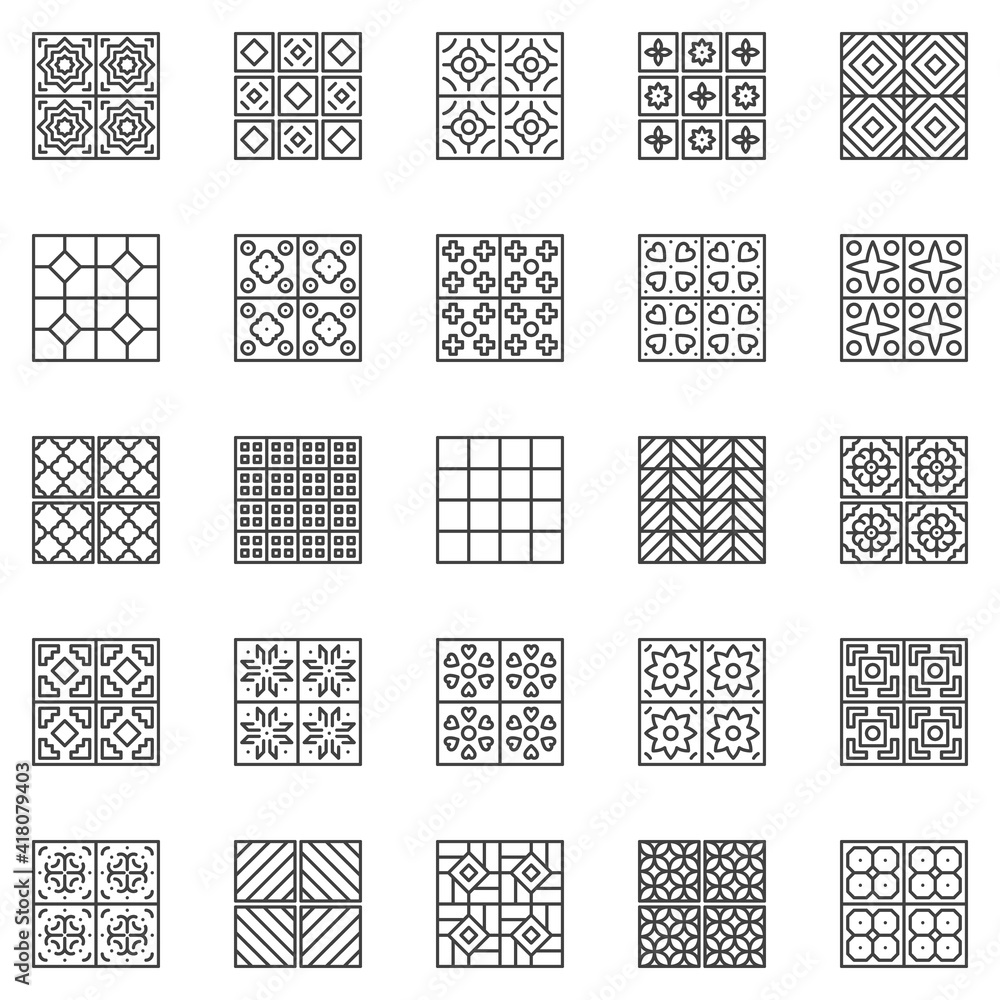 Poster tile vector outline icons set - ceramic tiles linear symbols