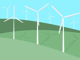 Wind turbines among green fields in a minimalistic, flat style. Wind park. Renewable green energy, clean electricity production. Eco-friendly wind energy. Vector Illustration