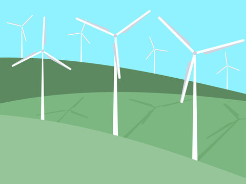 Wind turbines among green fields in a minimalistic, flat style. Wind park. Renewable green energy, clean electricity production. Eco-friendly wind energy. Vector Illustration