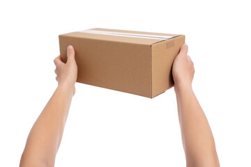 male hands giving cardboard box isolated on white