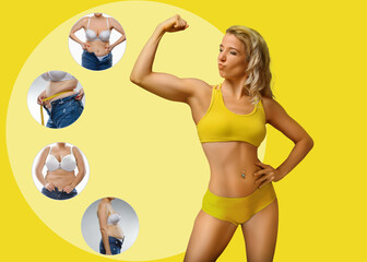 Healthy body concept - before and after. Mock up copy space. Showing biceps muscles