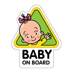 Fototapeta premium Baby on board sticker. Funny small face of girl.
