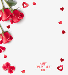 Happy Valentine's Day design template. Holiday greeting text. Valentines Day background with  red hearts confetti, rose and red rose petals isolated on gray. Vector stock illustration	