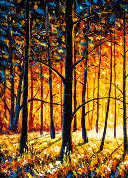 Orange gold trees in park alley forest texture impressionism original oil painting art background landscape © weris7554