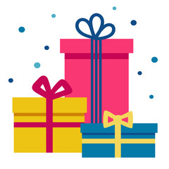 Composition of three new year gift boxes tied with ribbons. Preparation for the holiday. Colored set of Christmas presents. Flat style stock vector illustration. Isolated on a white background.