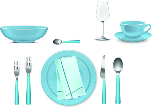 Realistic Blue Table Set Up With Cutlery And Napkin For Wedding Or Dinner