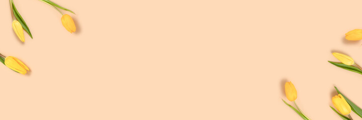 Banner with frame made of yellow tulip flowers on a beige pastel background. Floral spring concept with place for text.