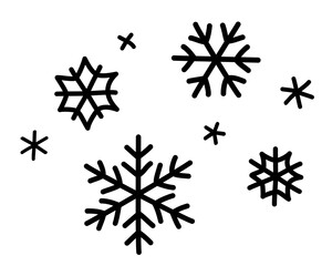 Hand draw set of cute doodle snowflakes. Black flakes of snow.  Сontours isolated on a white background. Print for Web page fill, wallpaper, textile, fabric, packaging paper, flyers, card. Vector.
