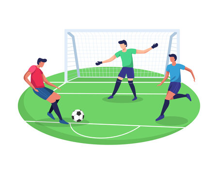 Illustration concept of playing soccer sport. Attacker kicking soccer ball, Sport game and teamwork concept. Football soccer player, Active and healthy lifestyle. Vector illustration in flat style