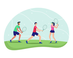 People playing tennis. Sports athlete, exercising illustration concept. Workout playing tennis set, Tennis player holding a racket. Tennis player training athlete hitting a ball. Vector in flat style
