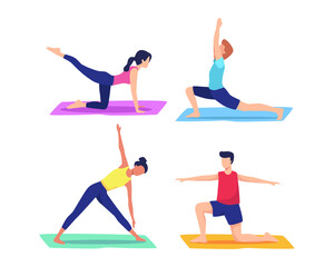 People doing yoga poses. Man and woman training at home doing yoga exercises, Healthy lifestyle, Personal trainer workout class. Illustration concept of Yoga, Exercising, meditation. Vector flat style