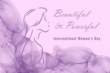 Beautiful and powerful poster, card, design for Happy International Women's Day. Alcohol ink background. Feminisme concept