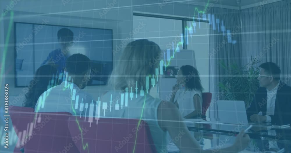 Poster animation of interface with graphs and data with business colleagues in video conference meeting