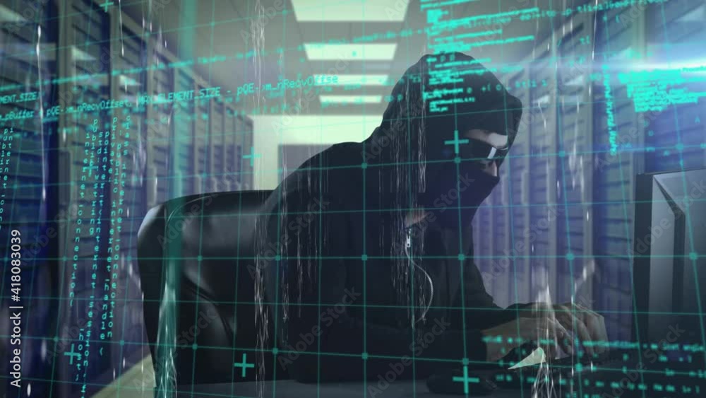 Poster animation of interface with data and information with hooded hacker using computer