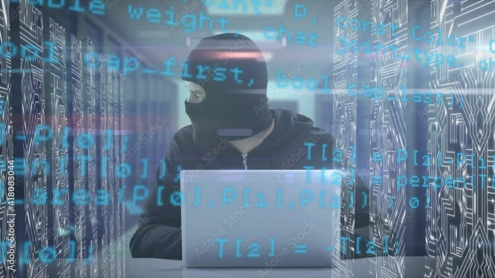 Poster animation of interface with data and information and hooded hacker using laptop in server room