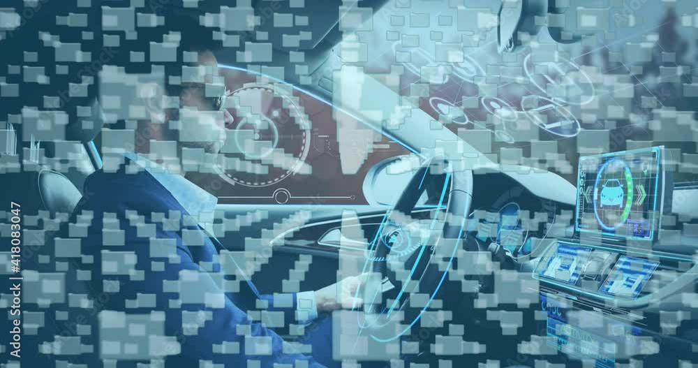 Aufkleber animation of multiple information display screens with man in vr headset using self driving car