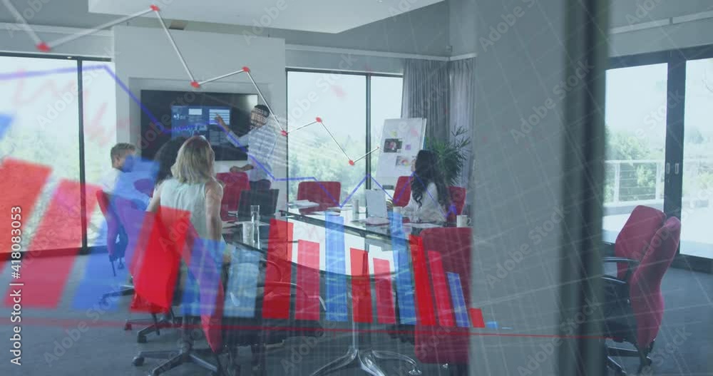 Poster animation of interface showing data and statistics with business colleagues in meeting