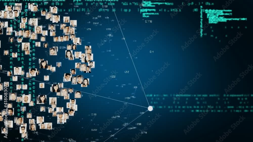 Poster animation of interface showing information and data with moving globe of connected people images