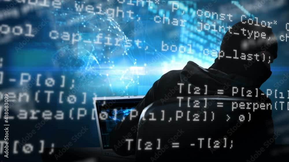 Poster animation of interface with data and information and hooded hacker using laptop in server room