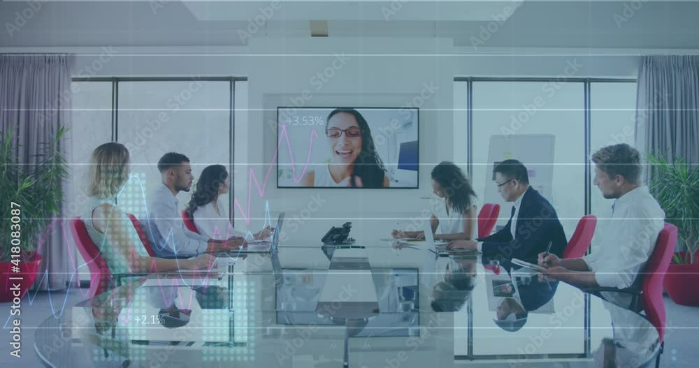 Poster Animation of interface showing data and statistics with business colleagues in video conference
