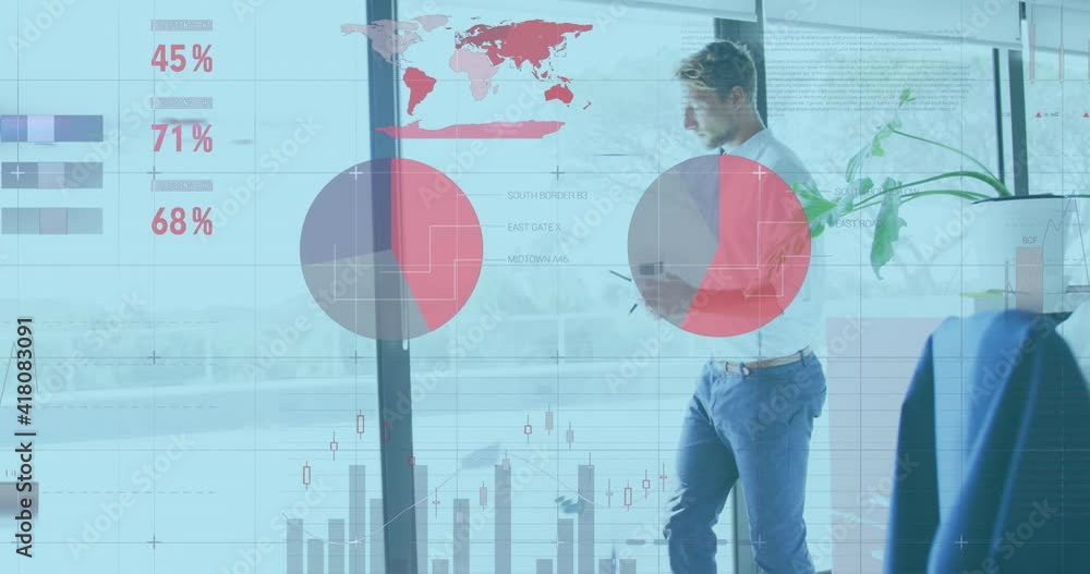 Poster animation of interface showing data and statistics with businessman and colleagues working in office