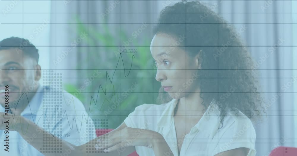 Poster animation of interface showing data and statistics with businesswoman colleagues in meeting