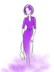 Girl, in a beautiful dress and a bright watercolor background, linear drawing, fashion illustration, for advertising clothes, bags,  shop
