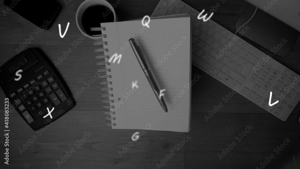 Poster Animation of floating letters over notebook pen cup of coffee and calculator lying on desk
