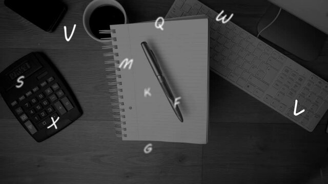 Animation of floating letters over notebook pen cup of coffee and calculator lying on desk