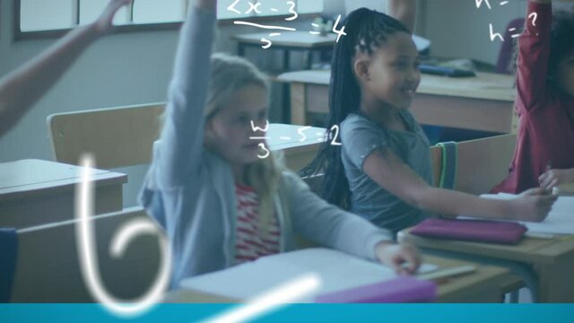 Animation of floating mathematical equations over group of kids sitting in classroom raising hands