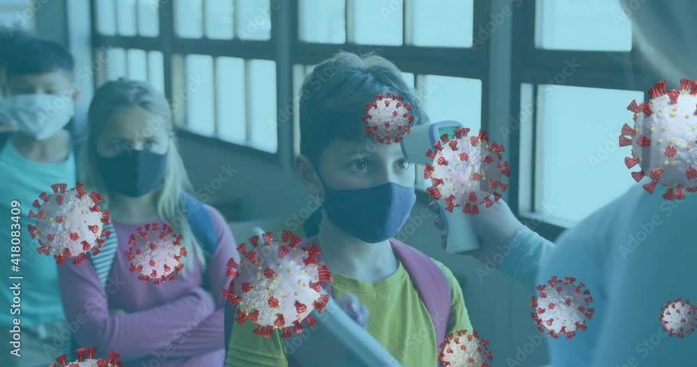 Poster animation of covid-19 cells floating over a group of kids having their temperature checked