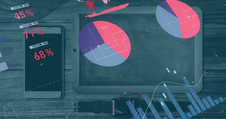 Animation of financial data processing with statistics over smartphone, tablet and smartwatch - Powered by Adobe