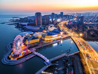 Fototapeta na wymiar Aerial photography of the night view of the urban architectural landscape of Qingdao, China