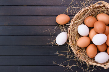 Fresh eggs on the table in organic farms- top view.