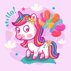 cute unicorn with balloons and pink background