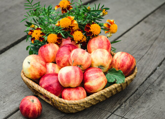 red apples lie in  small wicker basket on an old wooden background next to orange flowers. Rustic still life.