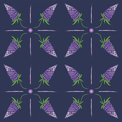 Vector pattern purple lupine flowers on dark blue background